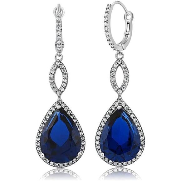 Jewelry - 20.0 Ct Tw Sterling Silver 925 Sapphire Bridal Chandelier Teardrop Earrings
